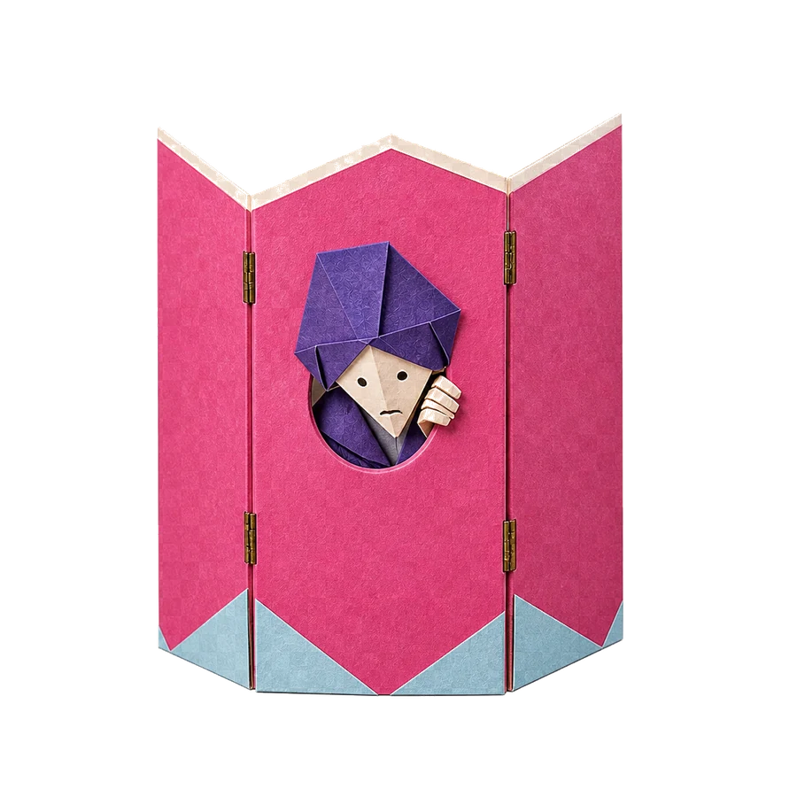紙の衝立の小穴から観察する性別不詳の紙彫刻キャラクター